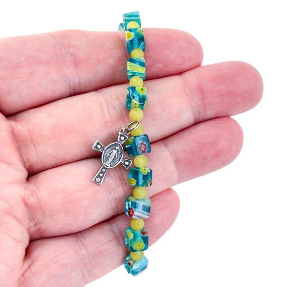 Vintage Sterling Silver 925 Millefiori Glass Bead Cross Charm Bracelet 7.25" - Picture 1 of 8